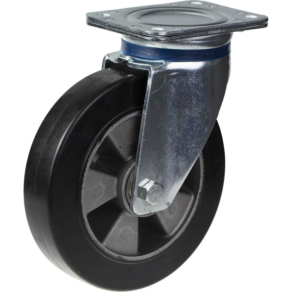 200Mm Swivel Castor With Black Elastic Rubber On Aluminium Centre Wheel 5056116828224