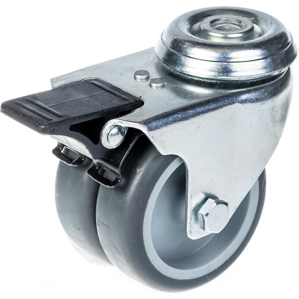 75Mm 3" Twin Wheel Castor Grey Rubber Swivel With Brake 100Kg Capacity 5056116820785