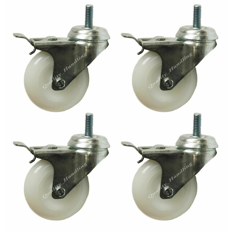 75mm 3" bolt hole braked nylon castors with bolt fitting, set of 4