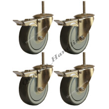 Rueda con freno de 125 mm de acero inoxidable con agujero para perno de goma, 100 kg - juego de 4