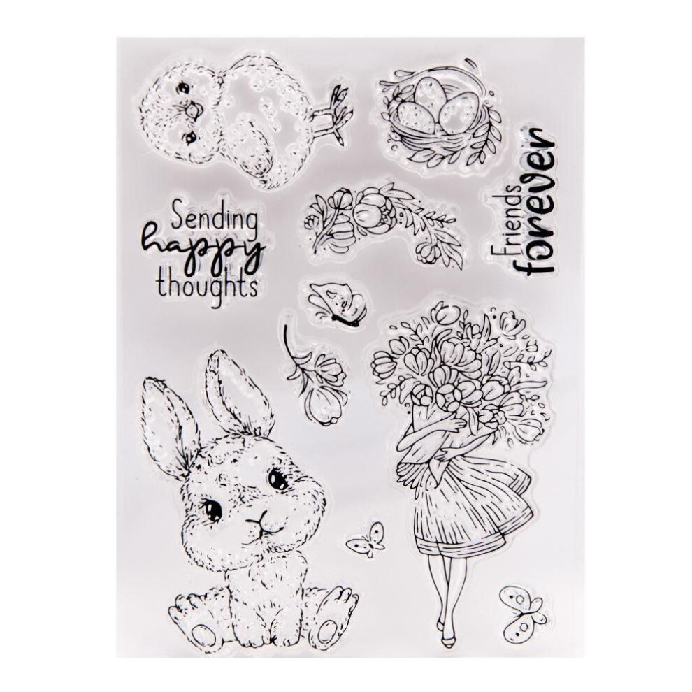 (No.7-Rabbit Flower Girl) Happy Easter Transparent Silicone Clear Stamp for Seal DIY Scrapbooking Album Clear Stamps Flower Rabbit Egg Greeting