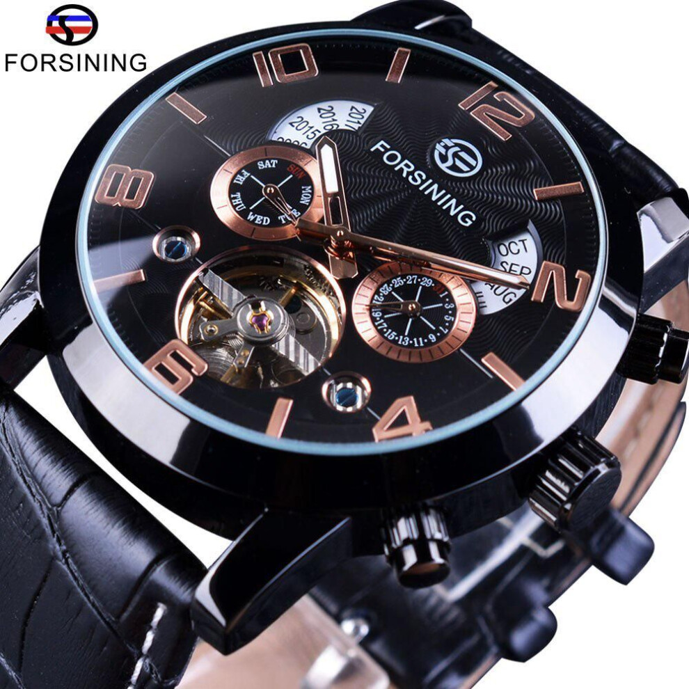 (rose gold) Forsining Men&apos;s Luxury Tourbillon Automatic Mechanical Watch Wave Designdate Display Luminous Hands Water Resistant Fashionable Wrist Watch