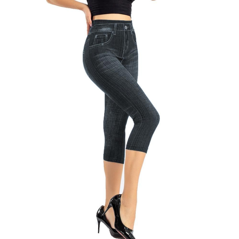 (black, 3XL) Faux Jeans Leggings Stretch Printed Short Leggins Pencil Pants Imitation Jeans Denim Pants High Waist Leggings