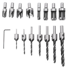 Set di 8 frese per spine in legno coniche HSS + 7 punte per trapano svasatore, acciaio rapido per smussatura