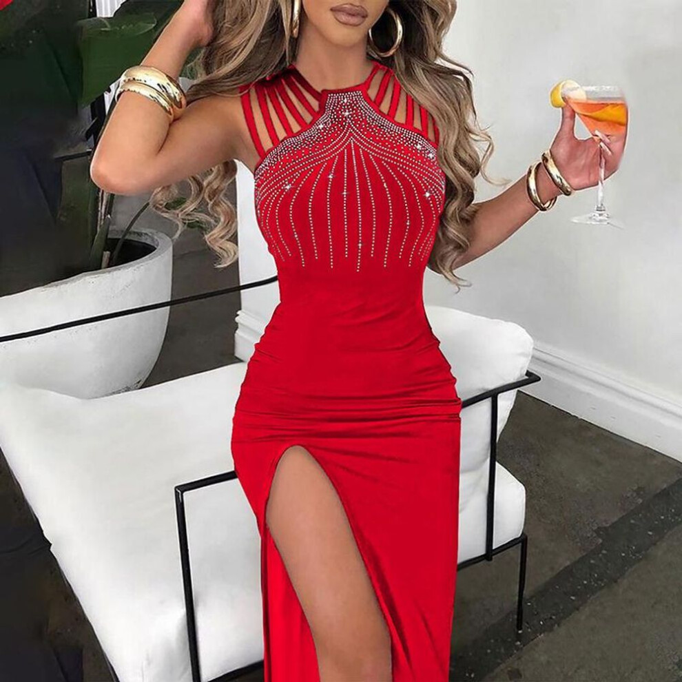 (red, S) Summer Sexy Women Dresses Rhinestone Decor Elegant Fashion Multi-strap High Slit O-neck Sleeveless Maxi Skinny Party Dress