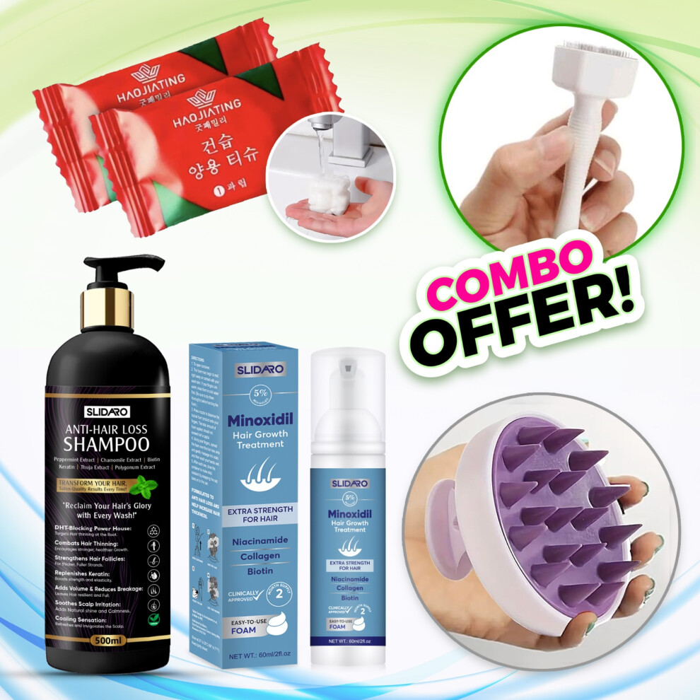 SLIDARO Minoxidil Hair Care Essentials Combo - Anti-Hair Loss Shampoo, Minoxidil Hair Growth Treatment, Scalp Massager, and Compressed Towel Set
