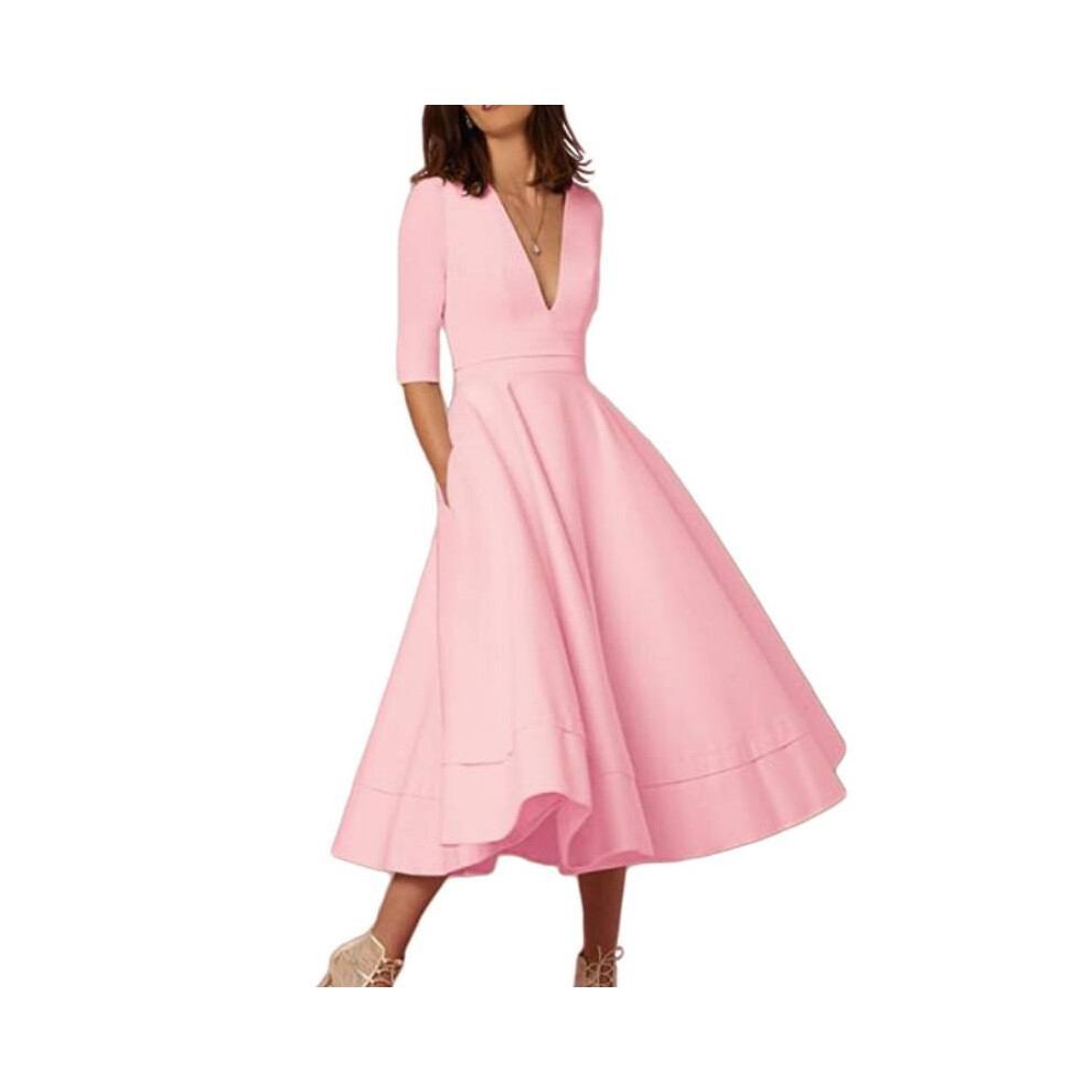 (Pink, XL) A Neck V Line Dresses Ball Dinner Party Clothing Solid Color Fashion Simple-image-OPC-PFZV5DW-NEW