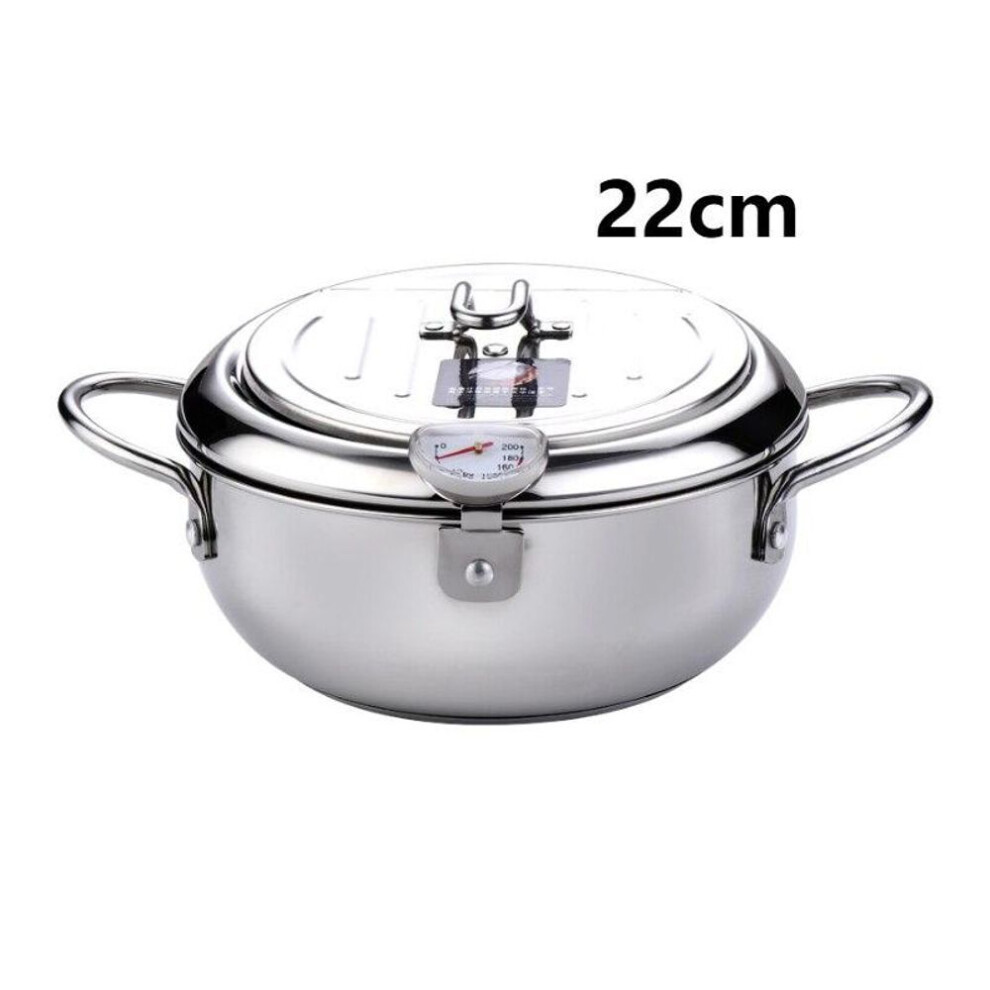 Japanese Deep Frying Pot With A Thermometer And A Lid 304 Stainless Steel Kitchen Tempura Fryer Pan 22 Cm