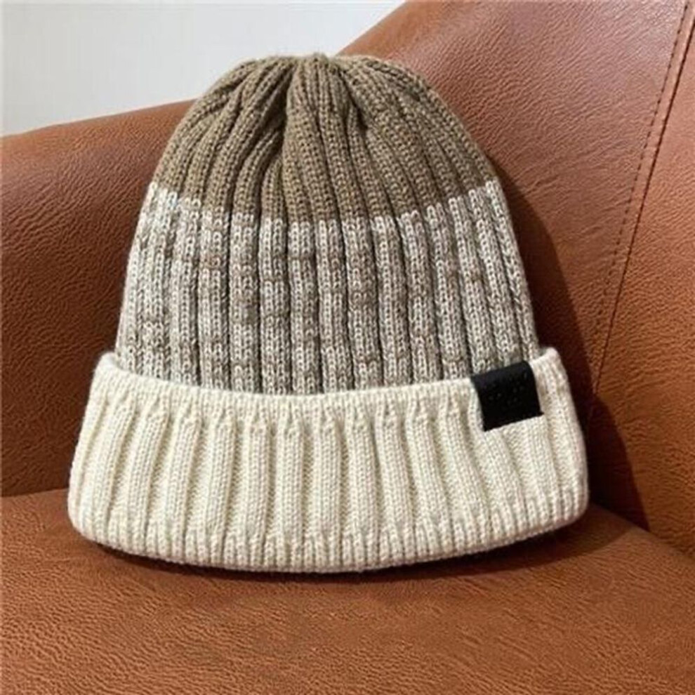 (beige, 55cm-60cm) New Unisex Color Block Winter Hats Add Fur Lined Men And Women Keep Warm Beanie Cap Outdoor Streetwear Decor Winter Knitted Hats