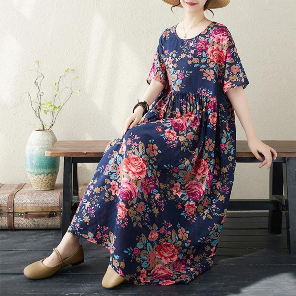(navy blue, One Size) Dimanaf 2024 Plus Size New Summer Women Basic Dress Loose Long Oversize Vintage Bohemian Floral Dresses