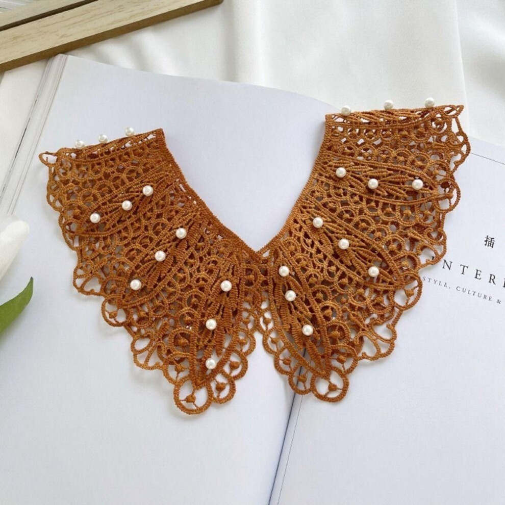 (coffee) Pearl Decoration Shirt Collar Dress Decorative Shoulder Shawl Exquisite Lace Fake Collar  Sewing
