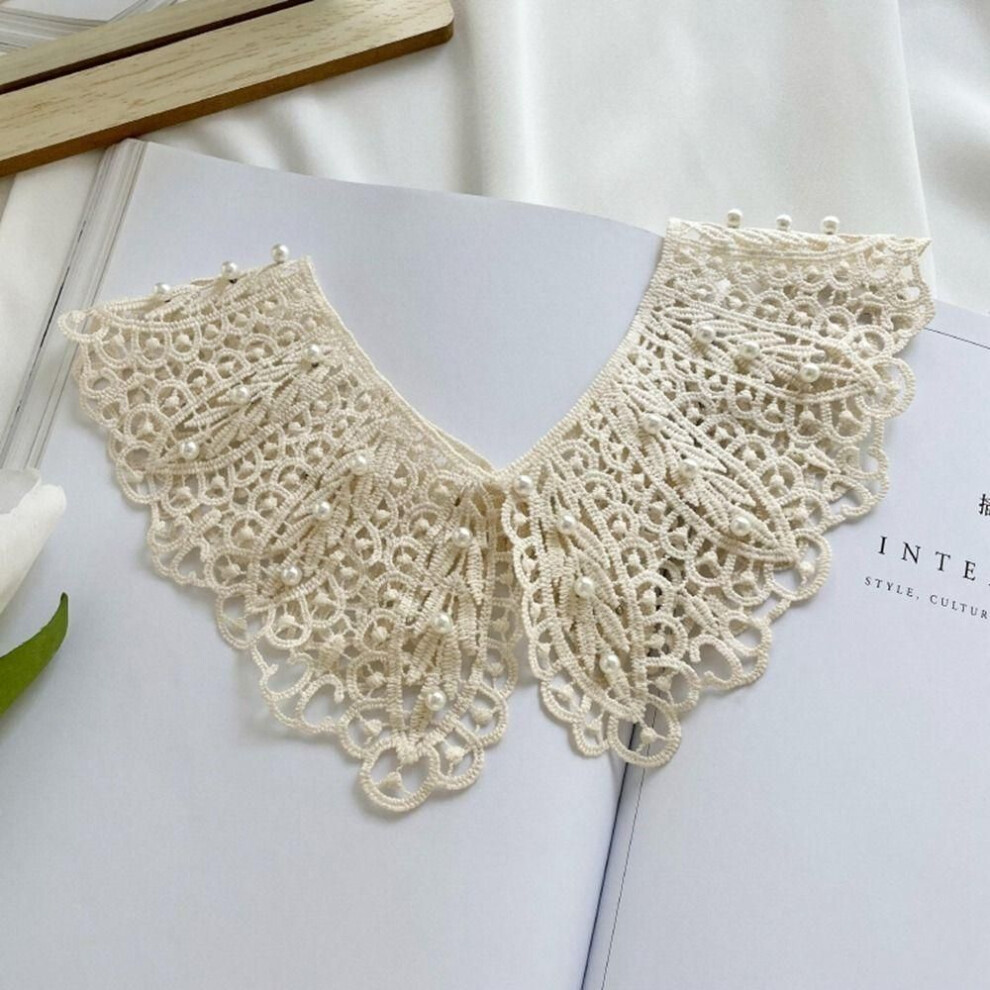 (beige) Pearl Decoration Shirt Collar Dress Decorative Shoulder Shawl Exquisite Lace Fake Collar  Sewing