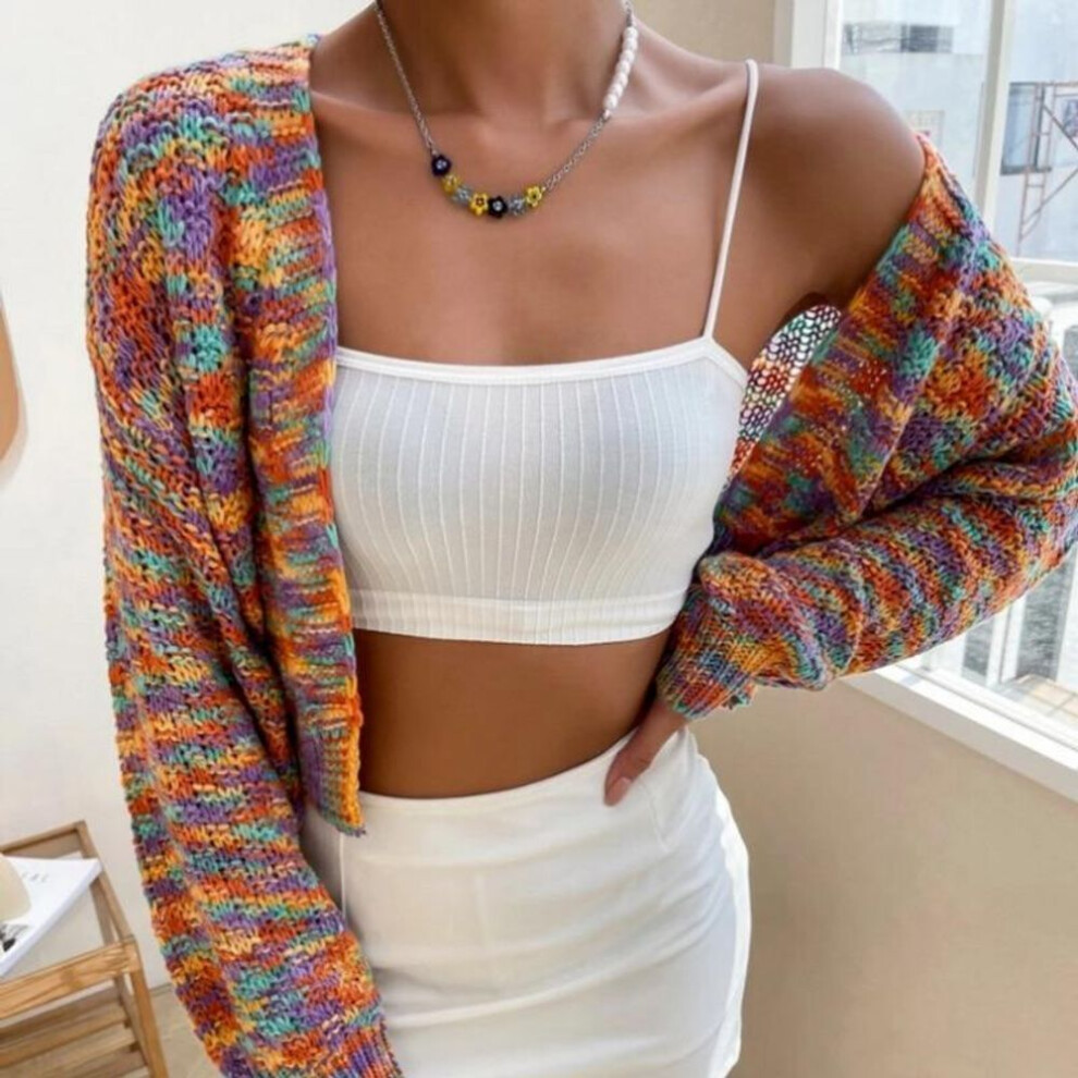 (M, orion) 2023 Autumn Rainbow Color Knitted Cardigan Sweater Women Casual Jacket Winter Button-less Elegant Long Sleeve Short Coat 28721