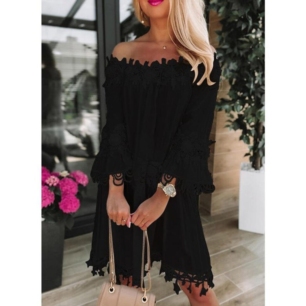 (black, M) Summer Off Shoulder Strapless Lace Dress New Women Flared Half Sleeve Casual Loose White Short Dress A-line Hollow Out Dresses Clothes 584