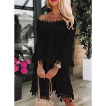 (black, L) Summer Off Shoulder Strapless Lace Dress New Women Flared Half Sleeve Casual Loose White Short Dress A-line Hollow Out Dresses Clothes 584