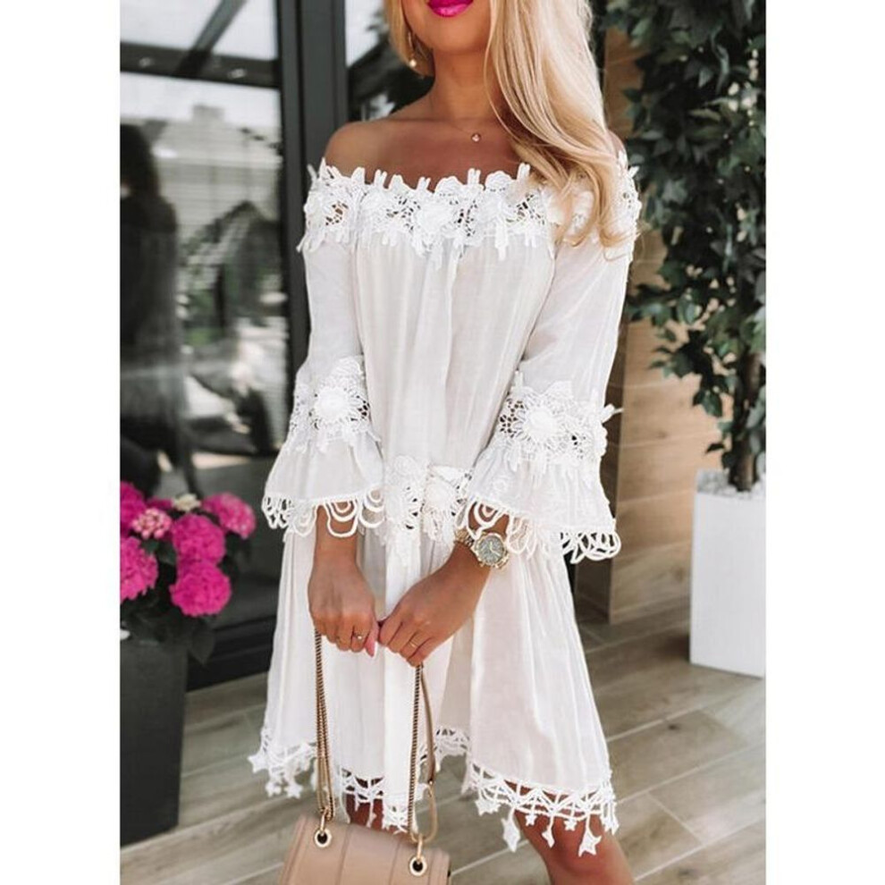 (white, XXL) Summer Off Shoulder Strapless Lace Dress New Women Flared Half Sleeve Casual Loose White Short Dress A-line Hollow Out Dresses Clothes 584