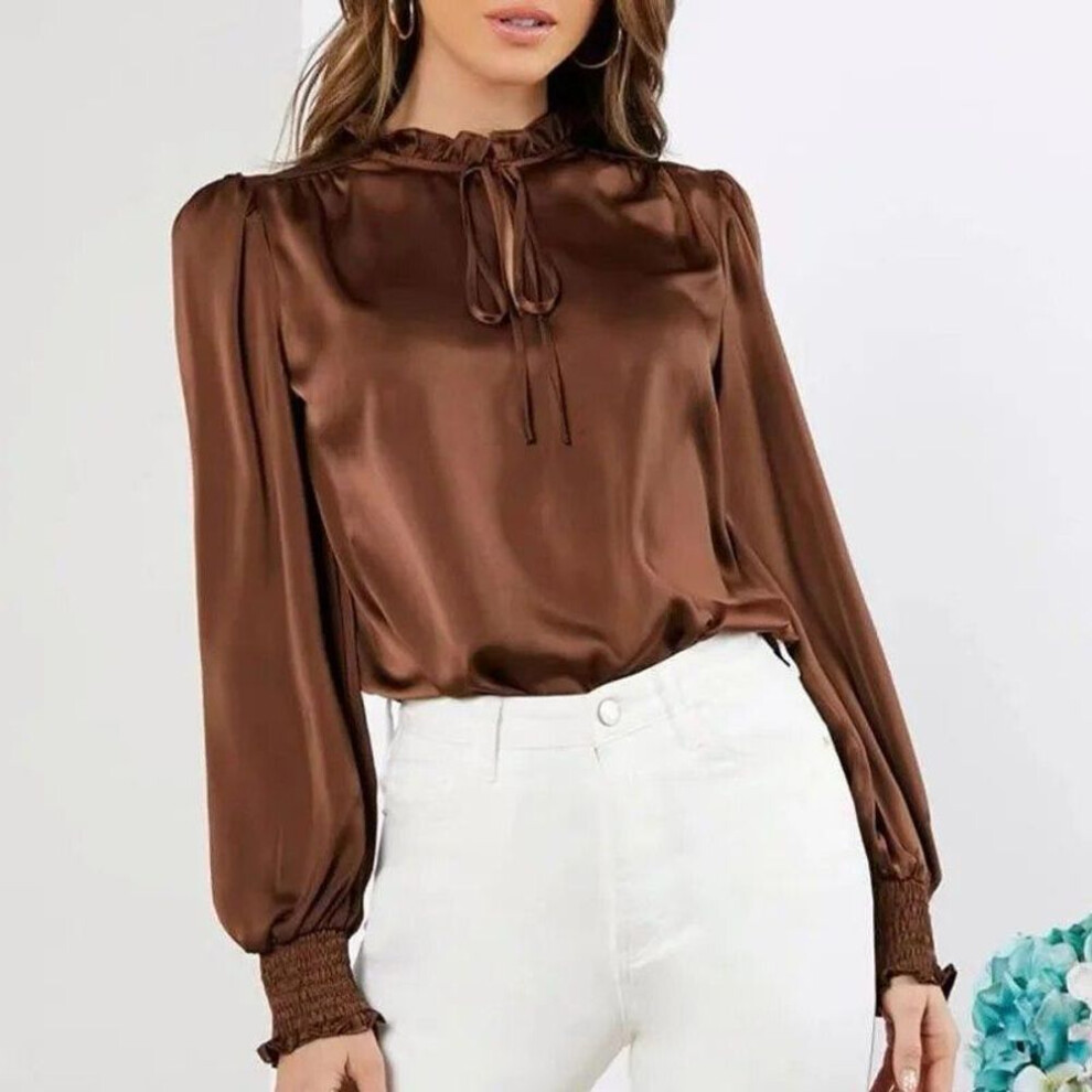(M, dark brown) Elegant Satin Blouse Women Office Lady Solid Lace-up Long Sleeve Silk Shirts Summer Ruffled Neck Green Blouses Tops Blusas 23346