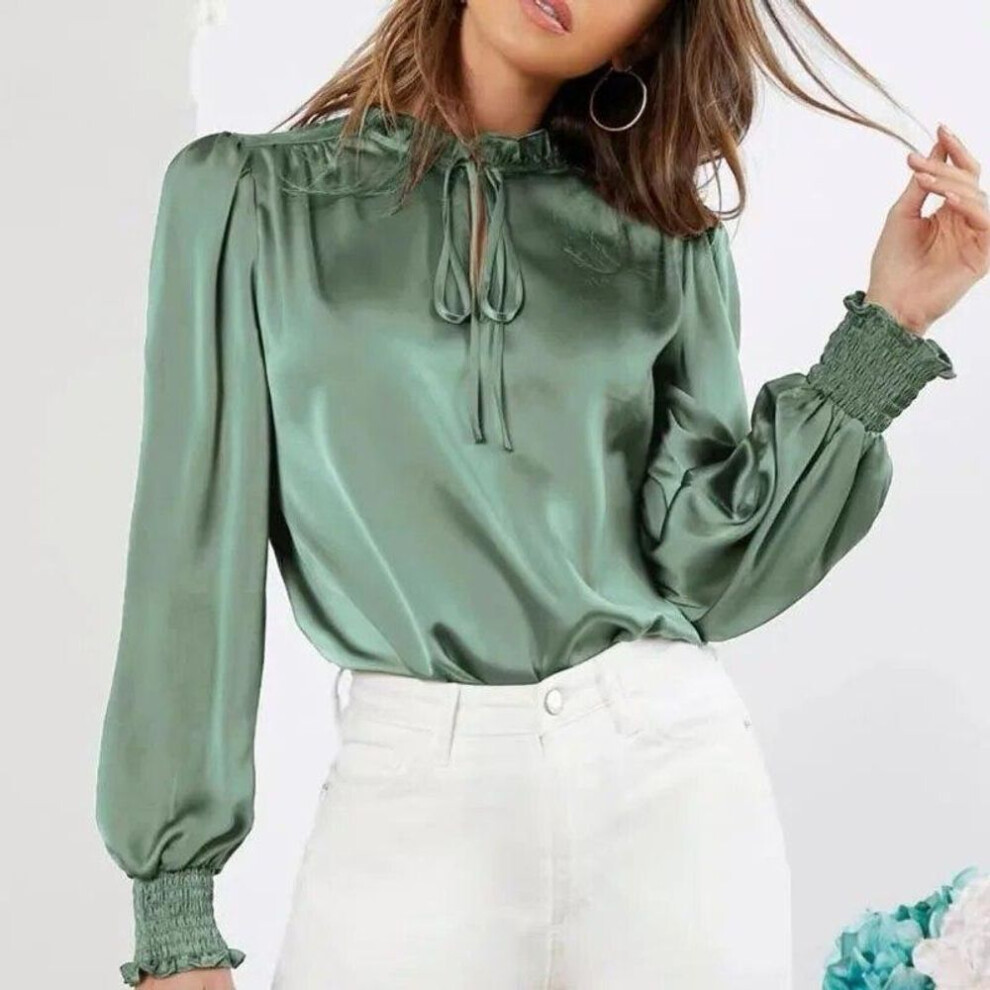 (XXL, emerald,green) Elegant Satin Blouse Women Office Lady Solid Lace-up Long Sleeve Silk Shirts Summer Ruffled Neck Green Blouses Tops Blusas 23346