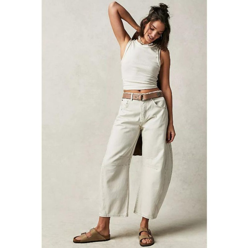 (white, L) Fashion Loose Women Cropped Jeans New Casual Elegant Woman Haren Wide Leg Denim Pants Spring Autumn Casual Ladies Simple Denim Trousers 1102