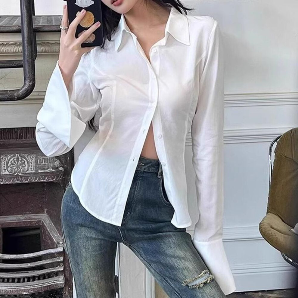 (S, white) Fashion Women White Back Bandage Shirt Lapel Flared Long Sleeve Elegant Casual Lace-up Blouse Female Simple Slim Waist Office Ladies Top 345