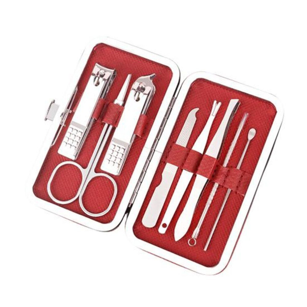 (red) 8pcs Nail Clipper Set Professional Stainless Steel Manicure Pedicure Kit With Case Nail Clippers Files Tweezers Ear Picks Compact Gift For Home Travel