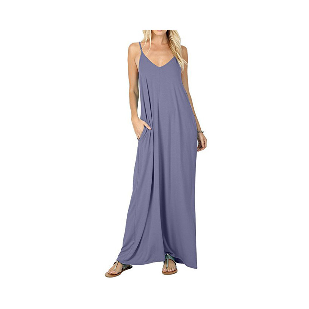 (BlueGray, M) Vneck Long Women Beachwear Spaghetti Strap Cocktail Dress Maxi Sundress Sling-image-OPC-PFZV8YH-NEW