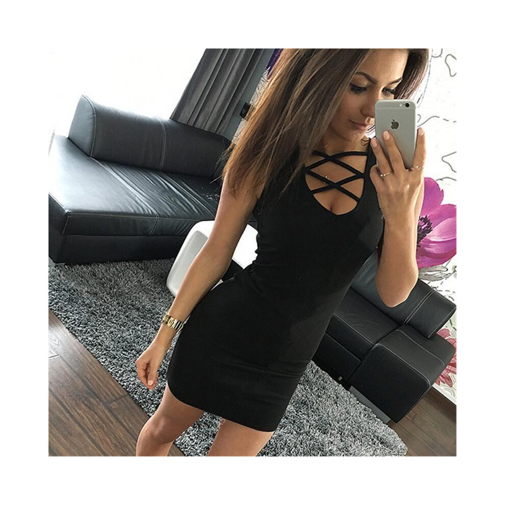 (Black, XS) Sexy Dress Womens Solid Color Bandage Chest Uneck Dress Slim Strapless Dresses-image-OPC-PFZV8Z2-NEW
