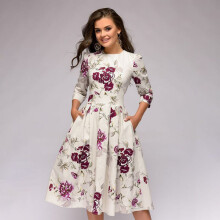 (White, L) Vintage Fashion Womens Print Long Sleeve Puff Dress Floral Dress Dress Beach