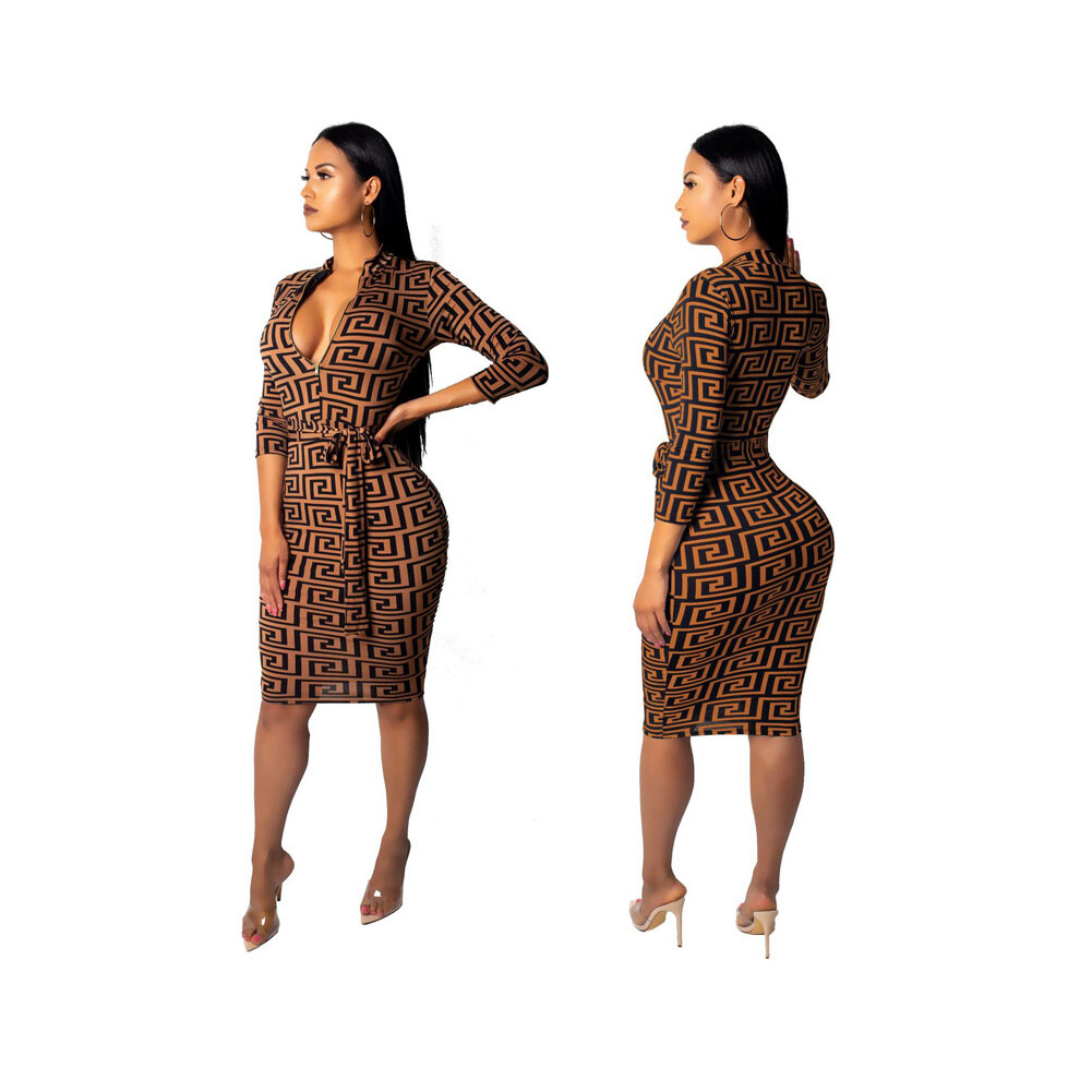 (Brown, XL) Winter Fashion Womens Women Long Sleeve Dress Slim Fit Vneck Sexy Dress-image-OPC-PFZVB5Z-NEW