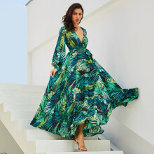 (Green, L) Chiffon Ladies Women Boho Long Sleeve Party Evening Cocktail Dress Maxi Prom