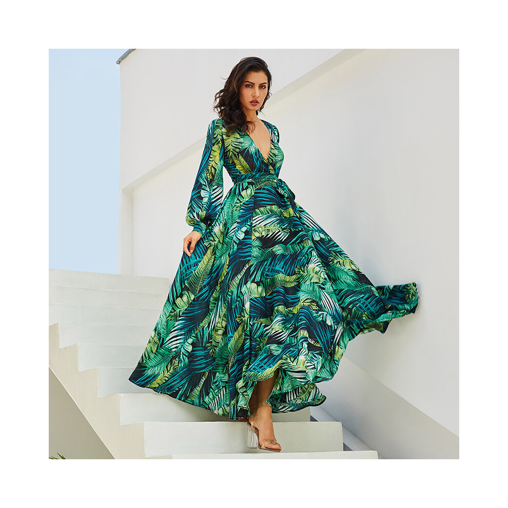 (Green, L) Chiffon Ladies Women Boho Long Sleeve Party Evening Cocktail Dress Maxi Prom