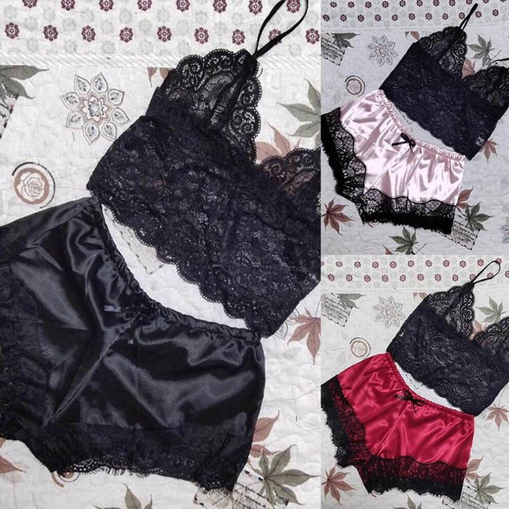 (M, pink) 2PCS Womens Lace Sleepwear Lingerie Tops Shorts Set Babydoll Pajamas Nightwear