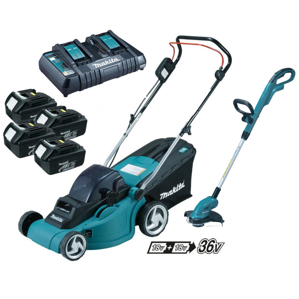 Makita DLM380PF4 18v 36v Cordless Lawn Mower + DUR181 Grass Trimmer + 4 x 3.0ah