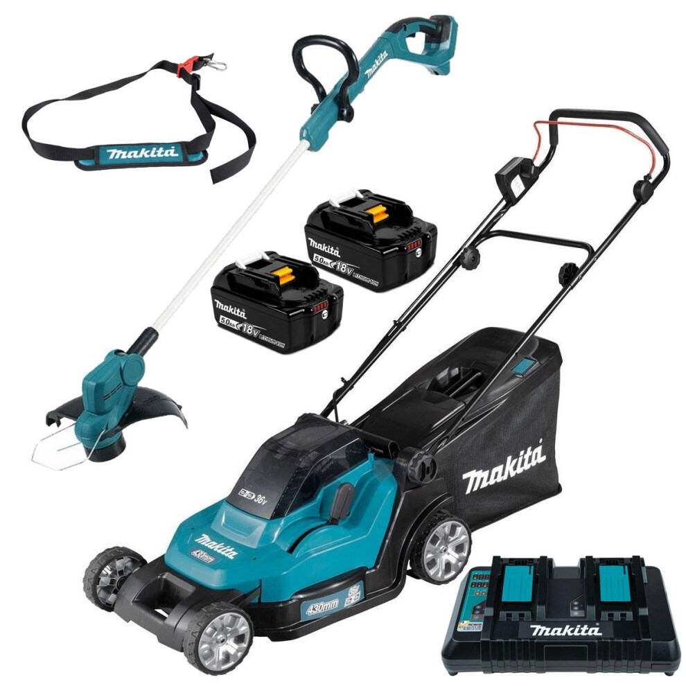 Makita DLM432PT2 Twin 18v 36v LXT Cordless 43cm Lawn Mower 2x5ah+ DUR193 Trimmer