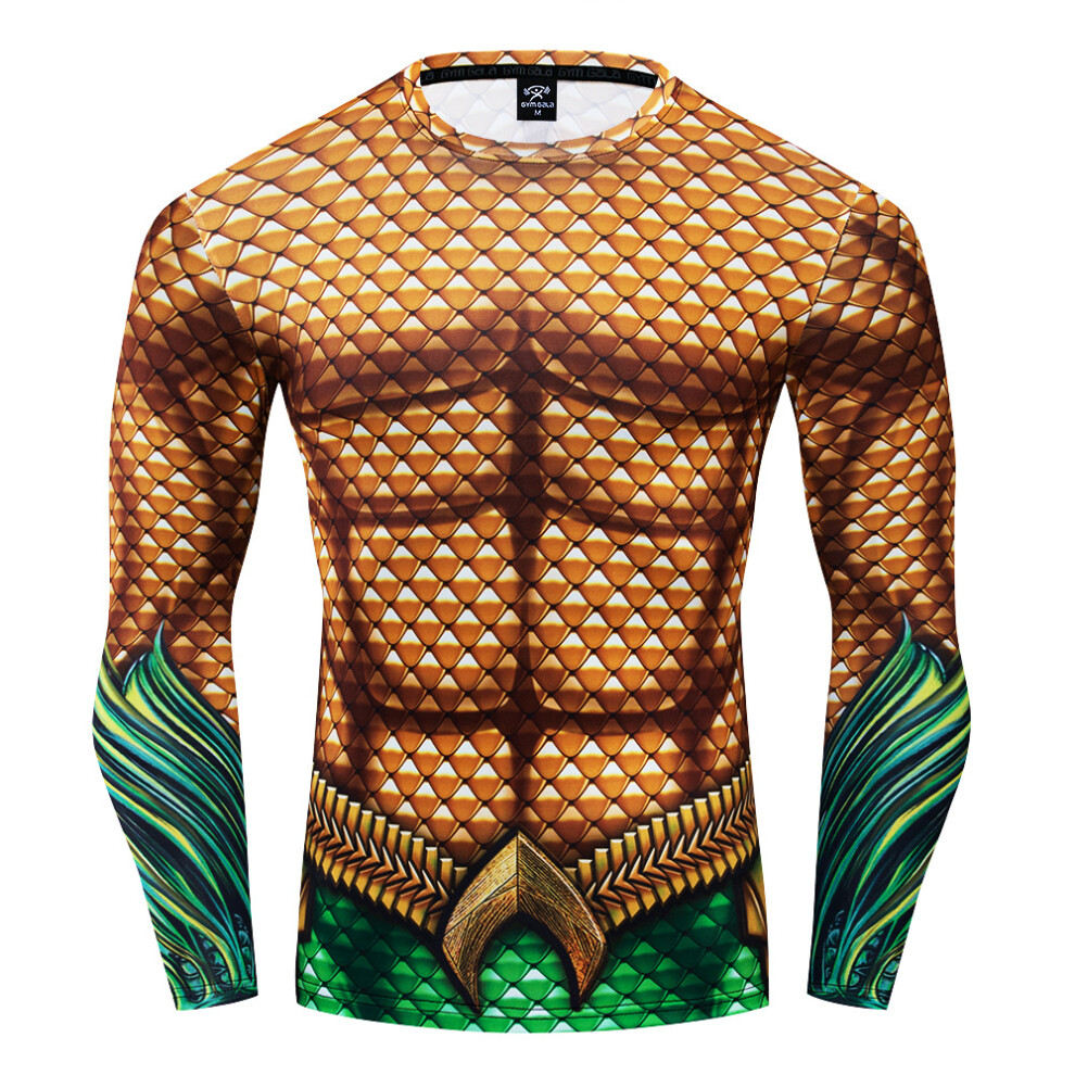 (Gold-Long Sleeve, XL) Gym Tights Mens Sport Compression Tshirt Aquaman Tops Printed 3d