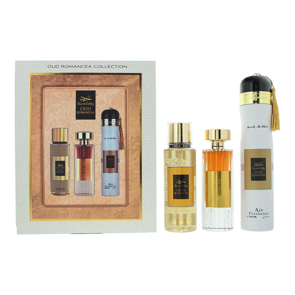 Ard Al Zaafaran Oud Romancea 3 Piece Gift Set: Eau De Parfum 100ml - Perfume Mist 250ml - Air Freshener 300ml-image-OPC-PFZVJJH-NEW