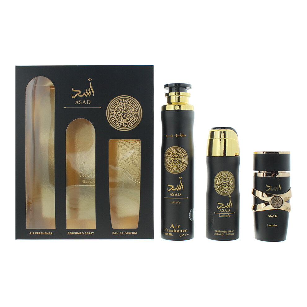 Lattafa Asad 3 Piece Gift Set: Eau De Parfum 100ml - Hair Mist 50ml - Perfumed Spray 200ml