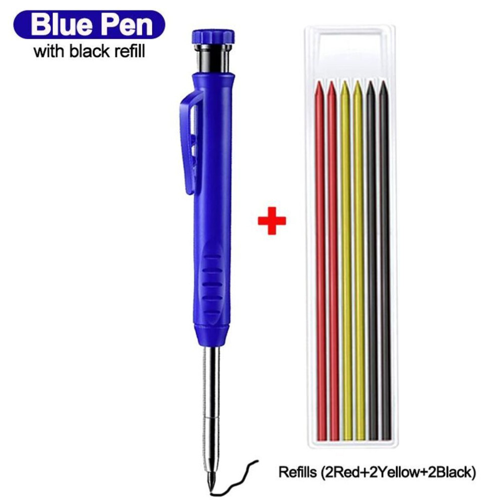 (Blue Pen and Mix Refill) Solid Carpenter Pencil Set with Refill Leads Built-in Sharpener Deep Hole Mechanical Marker for Scriber Woodworking Tools