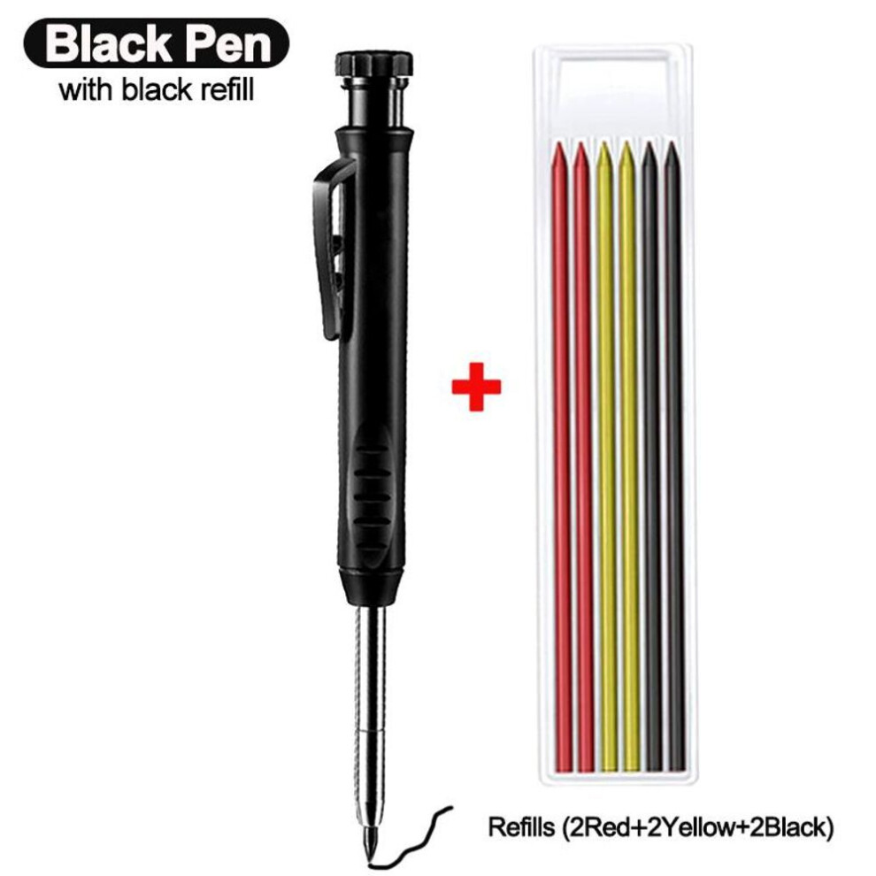 (Black Pen and Mix Refill) Solid Carpenter Pencil Set With Refill Leads Built-in Sharpener Deep Hole Mechanical Marker For Scriber Woodworking Tools