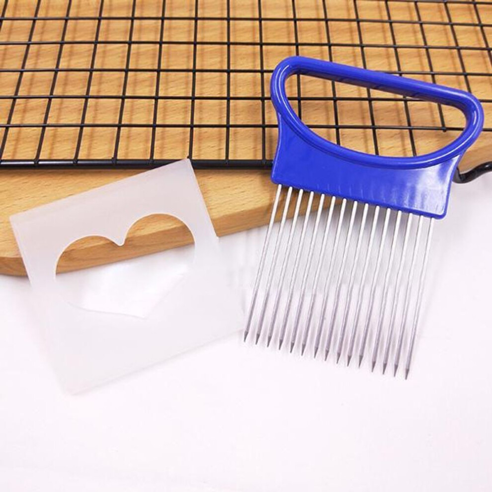(blue) 1 Pcs Stainless Steel Fruit Gadget Handy Stainless Steel Onion Holder Potato Safety Cooking Tools Slicer Cutting Aid