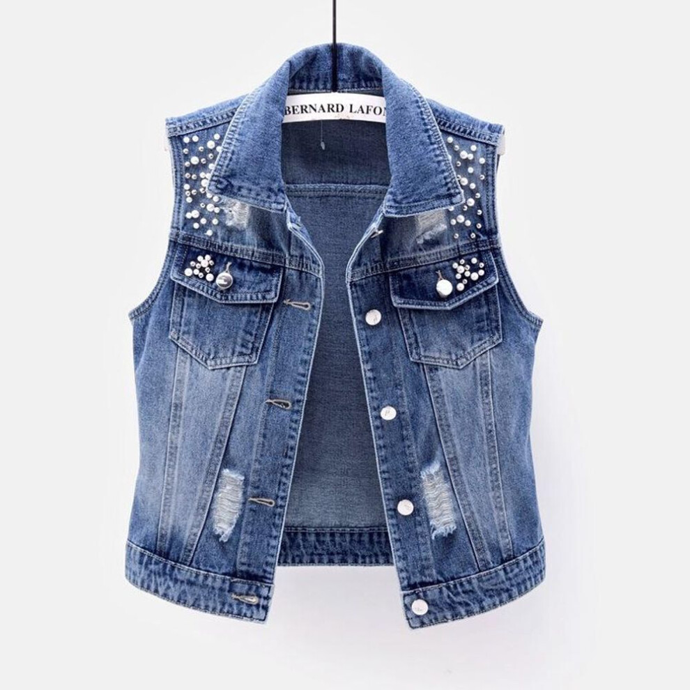 (blue, XXXXL) Denim Women Vest Luxury Pearls Fashion Ripped Autumn Jeans Jacket Sleeveless Loose Short Coat Waistcoats