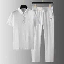 (white, 2XL) Men's Summer Breathable Lightweight Sports Suit Standing Collar Short Sleeve + Long Pants 2 Piece Set