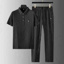 (black, M) Men's Summer Breathable Lightweight Sports Suit Standing Collar Short Sleeve + Long Pants 2 Piece Set