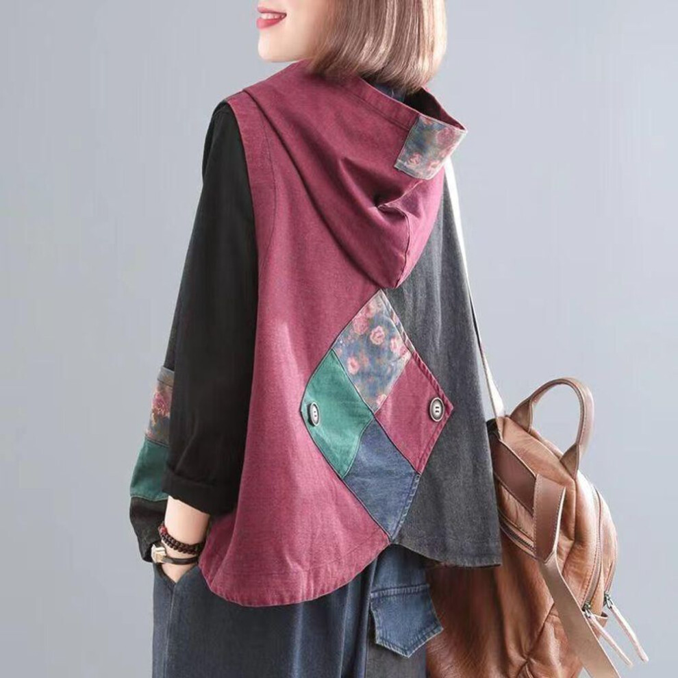 (red, M) Vest Plus Size Ethnic Style Ladies Denim Vest Hooded Wear with Button Casual Waistcoat In Spring and Summer
