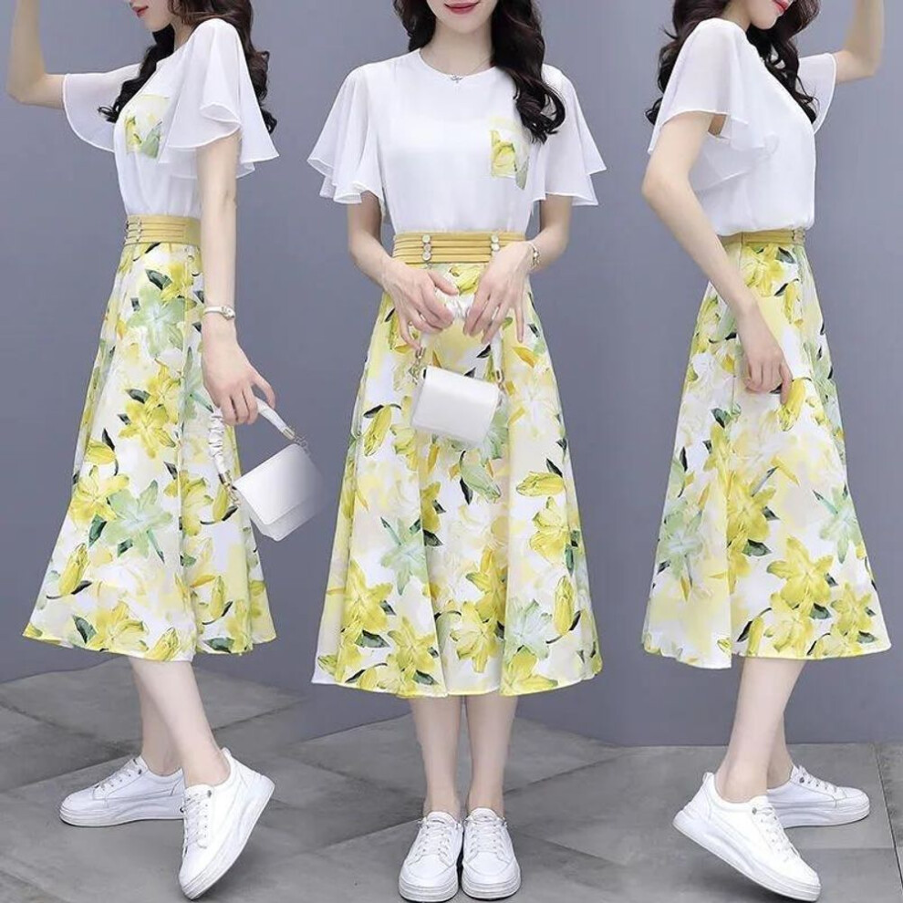 (yellow, XXXL) Women&apos;s Suits Summer Fashion Casual Slim Temperament Floral T-shirts Skirts Female Two Piece Sets