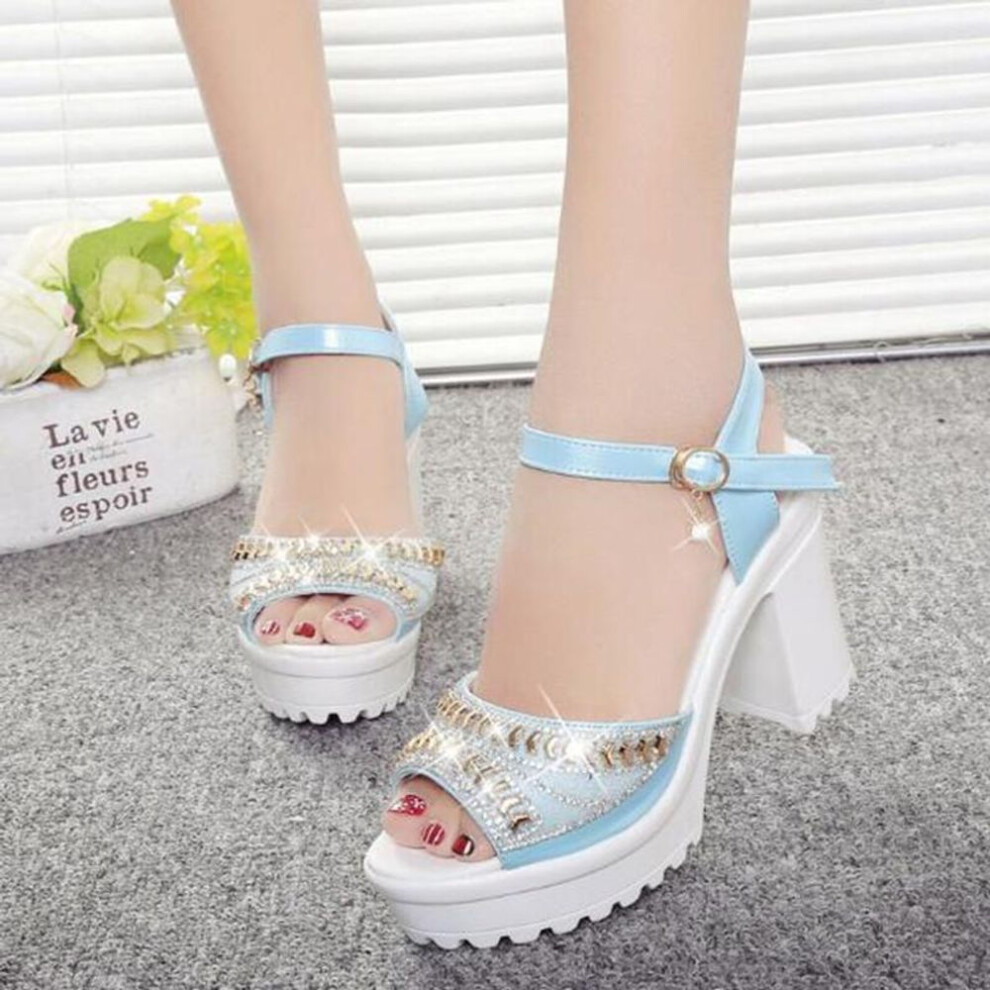 (blue, 35) Women Elegant Wedges Sandals Shoes Summer Pumps Platform Sandal Roman Wedges Crystal Peep Toe Sandals Sandali