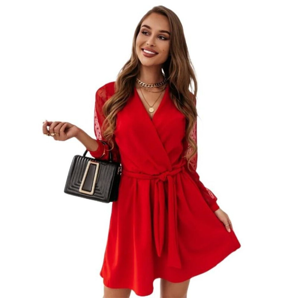(red, S) Summer New Short Skirt Lace Strap Long Sleeve Sexy Dress V-neck Elegant Dress S-xl