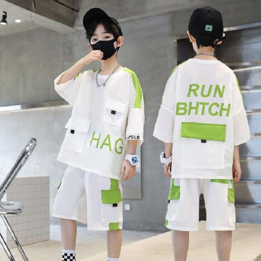 (white, 110cm) Fashion Outdoor Summer Boys Casual Short Sleeved Fashionable Printed Thin T Shirt Shorts Sports Two Pieces Set