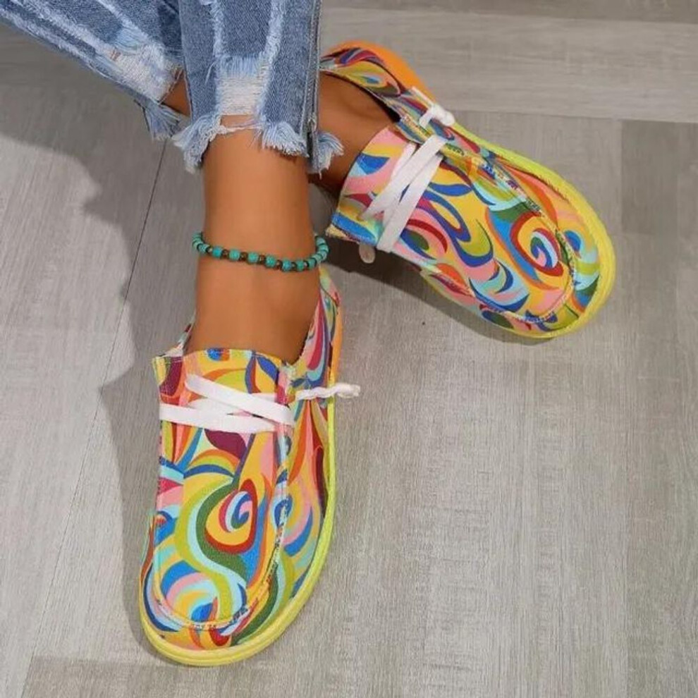 (beige, 41) Fshion spring summer Women Ethnic Rainbow Canvas Shoes Autumn Casual Daily Round Toe Multi Color Print Lace Up Sneakers Ladies Flat Shoes