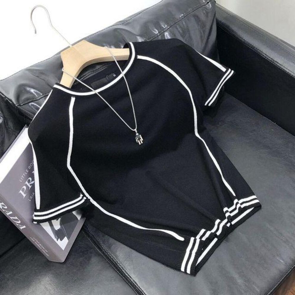 (black, M) Summer Casual Patchwork Contrasting Striped Oversized Men&apos;s and Women&apos;s Ice Silk Knitted Sweater Short Sleeved T-shirt